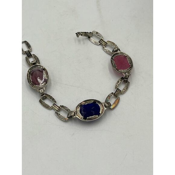 Scarab Multicolor Sterling Silver Bracelet Pinks Purples Fold Over Clasp - Picture 9 of 10